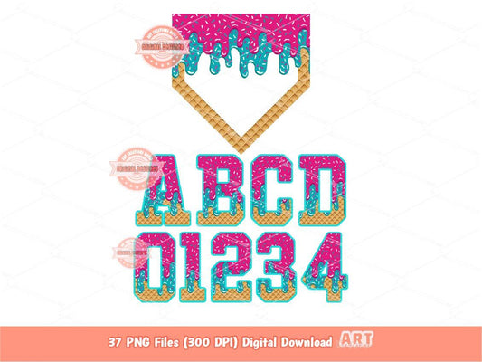Pink Teal Drip Alphabet PNG Bundle: Ice Cream Sports Letters & Numbers Clipart (Digital Download)