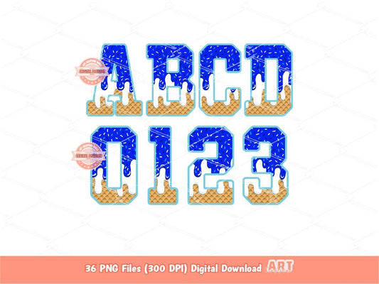 Drippy Varsity Alphabet PNG: Royal Blue White Letters & Numbers Clipart (Digital Download)