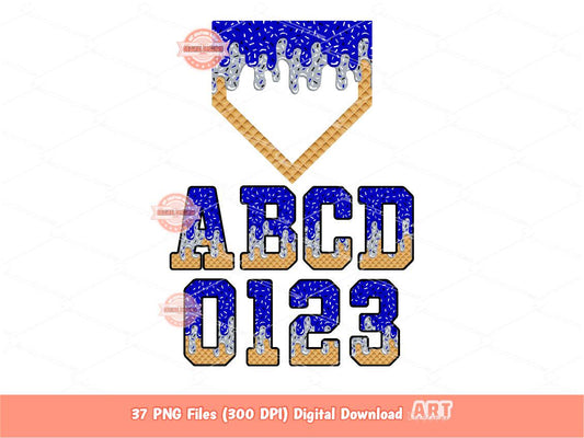 Drippy Varsity Alphabet PNG Bundle, Royal Blue Grey Letters, Numbers, Home Plate clipart
