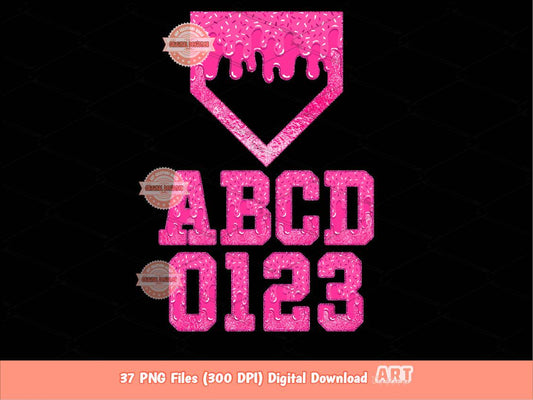 Pink Drippy Ice Cream Alphabet Home Plate PNG Bundle, Baseball Letters & Numbers Clipart (Digital Download)