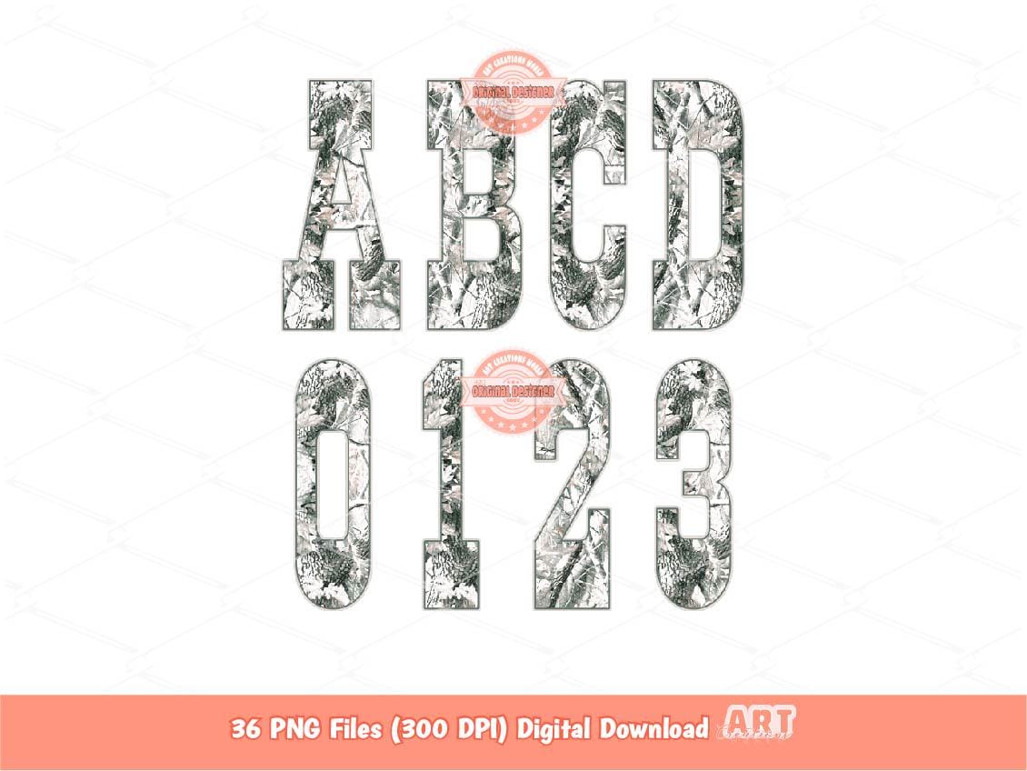 Gray Forest Camo Alphabet PNG: Hunting Military Western Letters & Numbers Clipart (Digital Download)