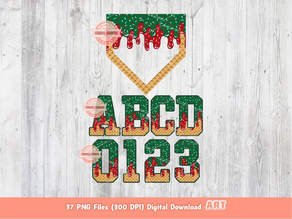 Drippy Varsity Christmas Alphabet PNG Bundle: Red & Green Letters Numbers and Home Plate Clipart (Digital Download)