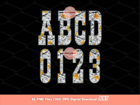 Gray Winter Camo Alphabet PNG: Hunting Army Western Letters & Numbers Clipart (Digital Download)