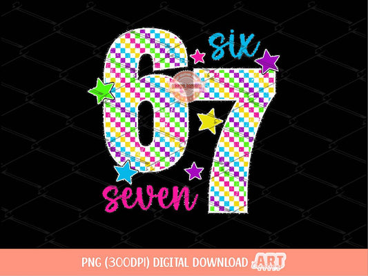 Six Seven PNG, Funny Meme 6 7 Bright Checkered Sublimation Shirt Design Digital Download