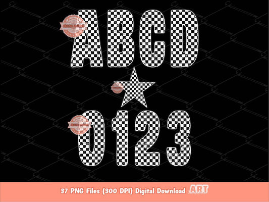 Grunge Checkered Alphabet PNG, Black White Letters & Numbers Clipart (Digital Download)