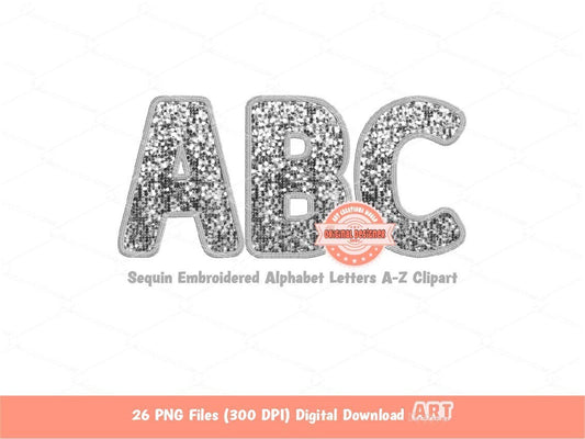 Silver Sequin Letters PNG, Faux Embroidery Alphabet Clipart (Digital Download)