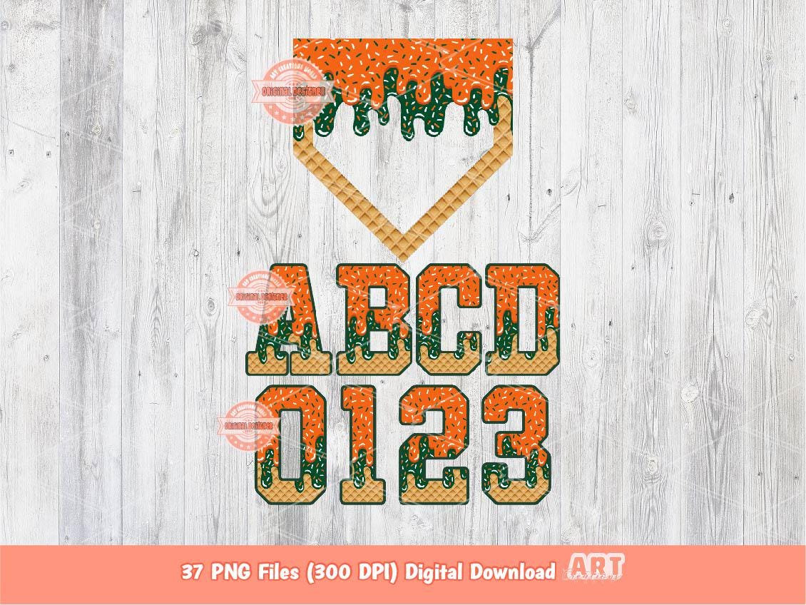Drippy Sports Alphabet PNG, Orange Green Letters & Numbers Baseball Home Plate Clipart