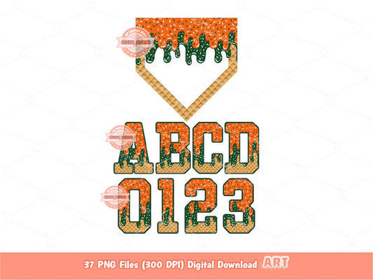 Drippy Sports Alphabet PNG, Orange Green Letters & Numbers Baseball Home Plate Clipart