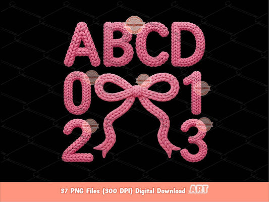 Faux Yarn Pink Alphabet PNG, Coquette Crochet Letters & Numbers Clipart (Digital Download)
