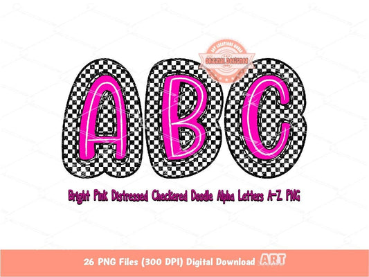 Pink Checkered Doodle Letters PNG, Bright Alphabet Clipart