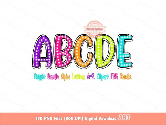 Neon Doodle Letters PNG Bundle, Bright Colorful Hand Drawn Alpha set Clipart