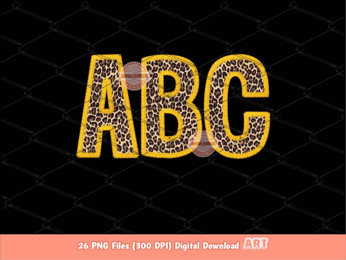 Gold Leopard Print Letters PNG, Faux Embroidery Alphabet Clipart (PNG Digital Download)