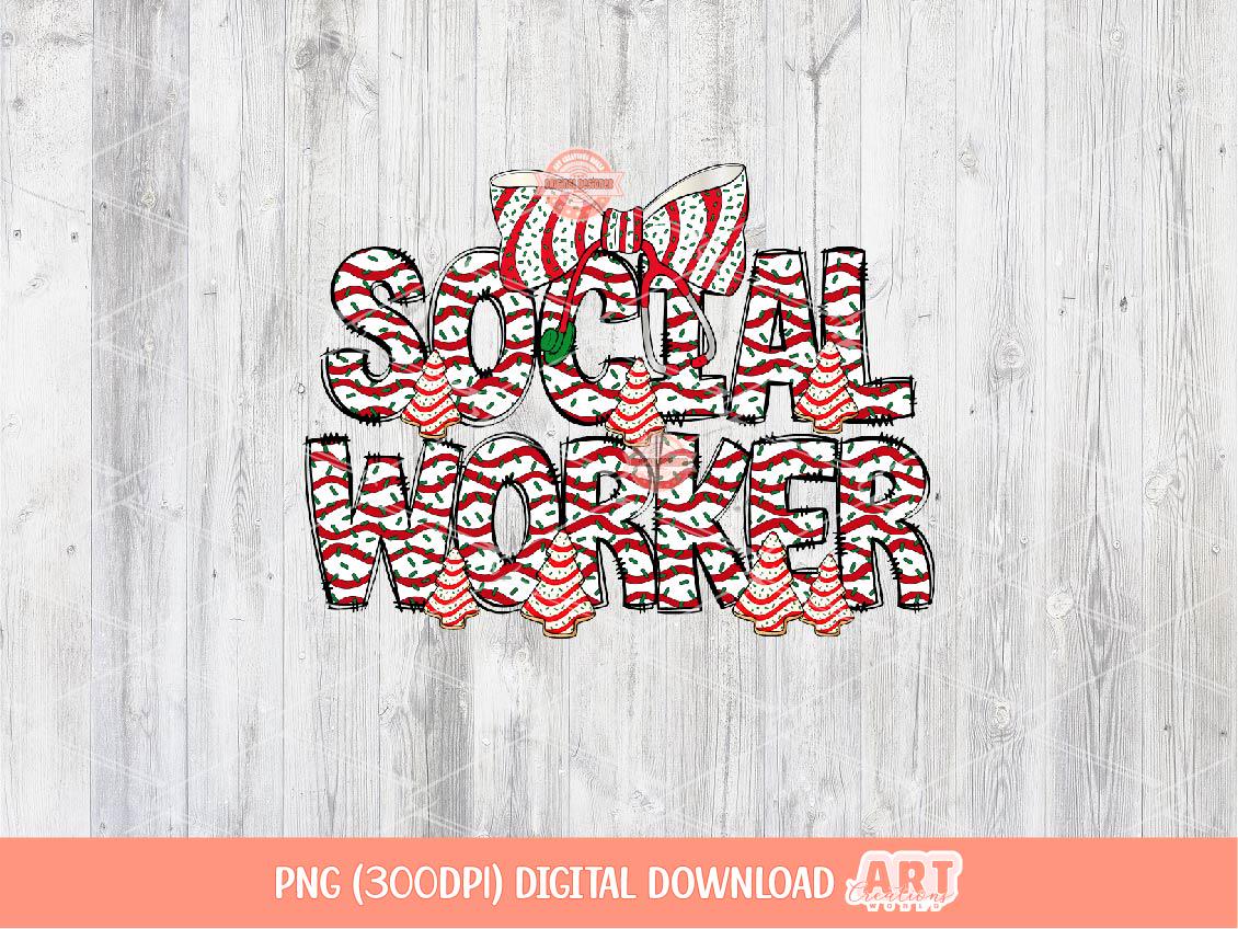 Social Worker Christmas Tree Cake PNG, Coquette bow Sublimation Healthcare Shirt Design Digital Download