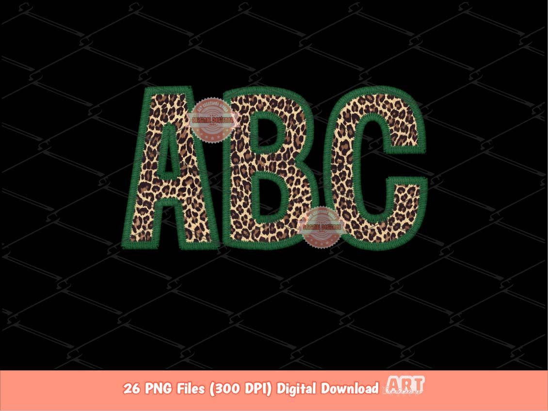 Green Leopard Print Letters PNG, Faux Embroidery Alphabet Clipart (PNG Digital Download)
