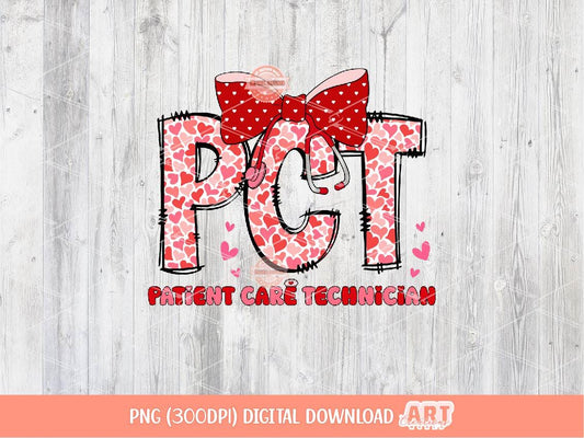 PCT Valentine PNG, Coquette Patient Care Tech Sublimation Shirt Design Digital Download