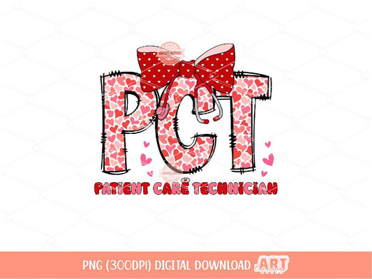 PCT Valentine PNG, Coquette Patient Care Tech Sublimation Shirt Design Digital Download