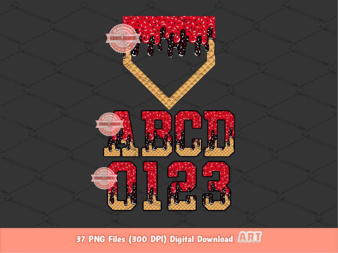 Red Black Drip Alphabet and Plate PNG Bundle, Baseball Letters & Numbers Clipart