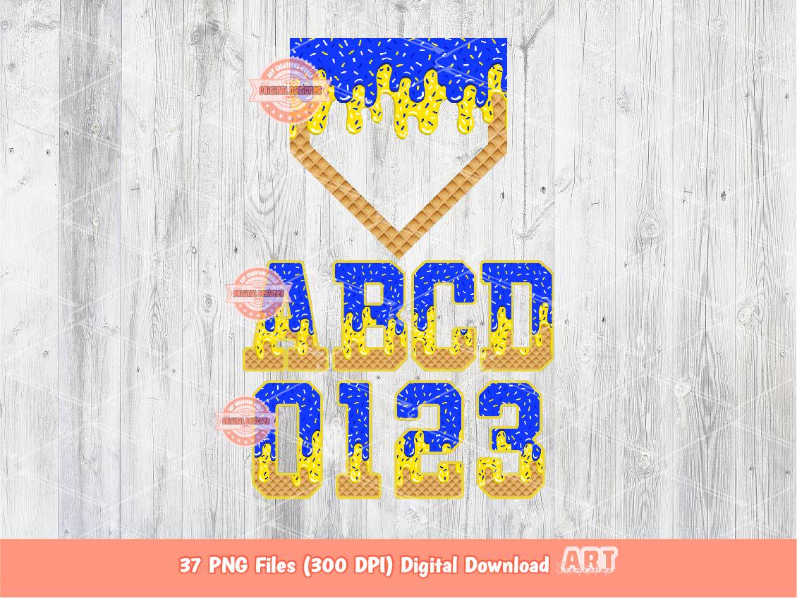 Drippy Varsity Alphabet PNG Bundle, Royal Blue & Yellow Letters, Numbers and Home Plate Clipart