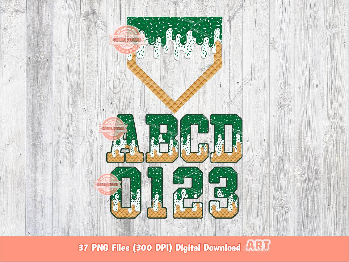 Green White Drip Alpha and Plate PNG Bundle | Baseball Letters & Numbers Clipart (Digital Download)