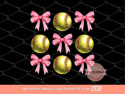 Coquette Softball PNG, Pink Ribbon Bows Watercolor Sublimation Design (Digital Download)
