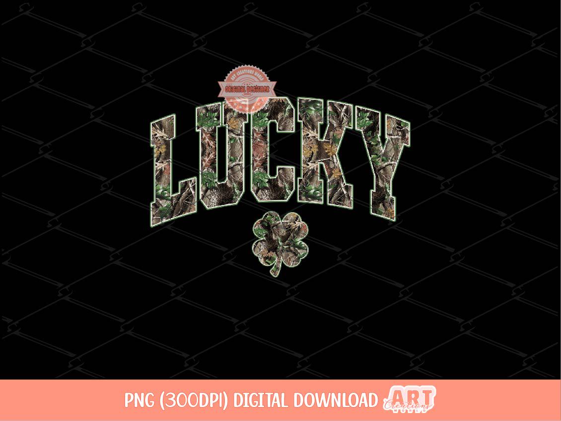 Camo Lucky PNG, St Patricks Day Sublimation Shirt Design, Trendy Distressed Hunting Western