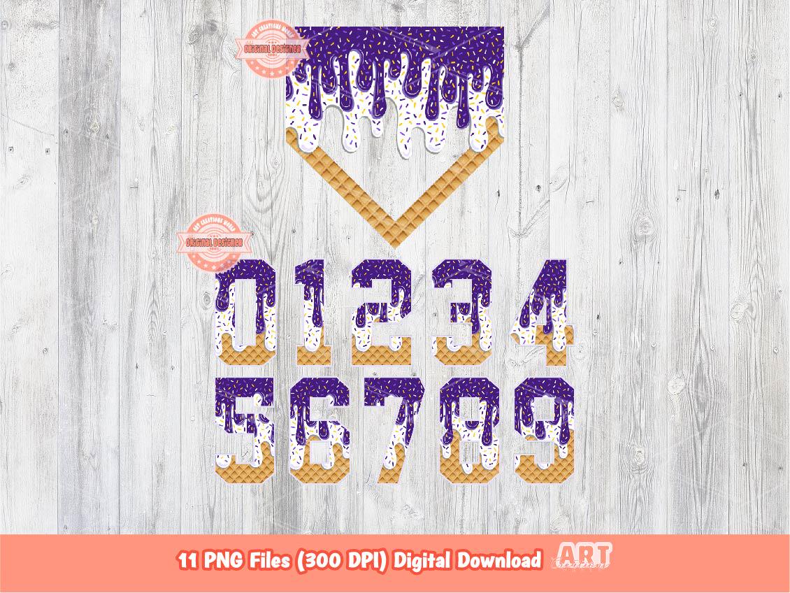 Purple White Drip Numbers & Home Plate PNG, Baseball Game Day Clipart, Sports PNG Bundle