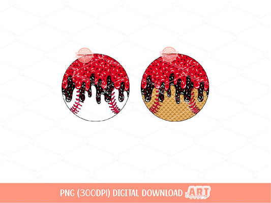 Drip Baseball PNG, Red & Black Ice Cream Waffle Cone Sport Ball Clipart