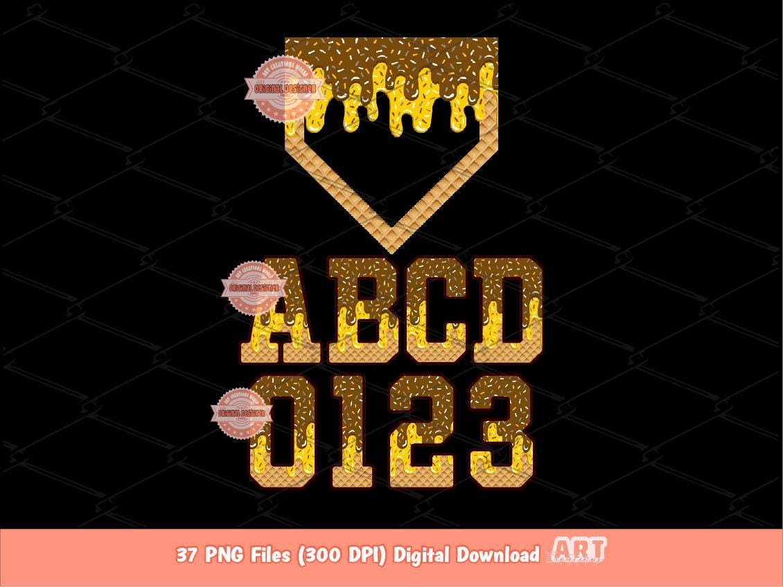 Drip Baseball Alphabet PNG Bundle, Drippy Brown & Gold Letters, Numbers, Home Plate Sports Clipart