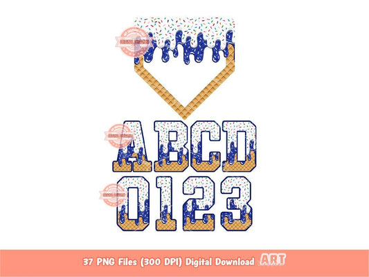 Drip Baseball Alphabet PNG Bundle, Drippy White & Blue Letters, Numbers, Home Plate Sports Clipart