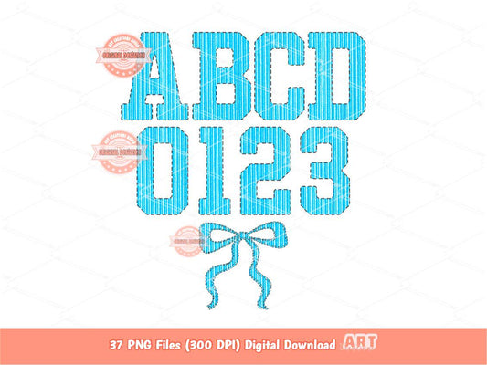 Seersucker Varsity Alphabet PNG, Preppy Striped Blue Letters & Numbers Clipart (Digital Download)