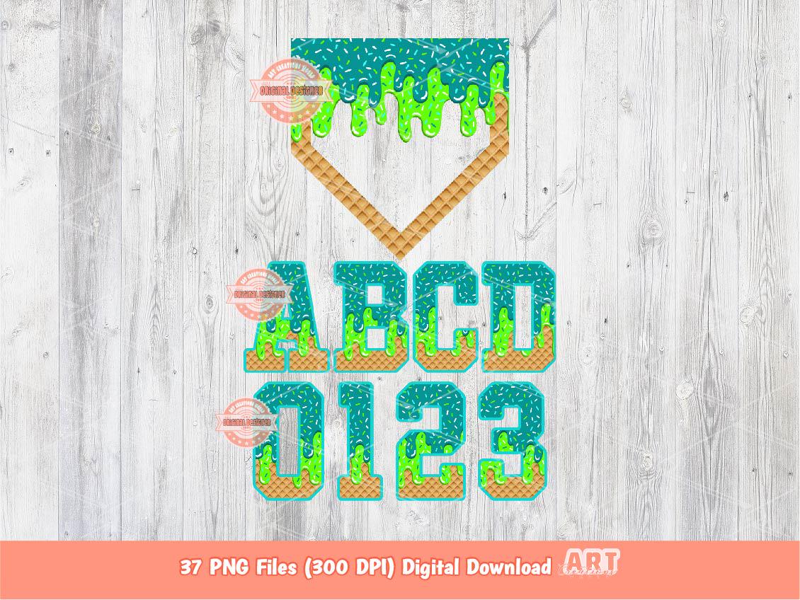 Teal Lime Green Drip Alphabet Plate PNG Bundle, Drippy Baseball Sports Numbers Letters Clipart
