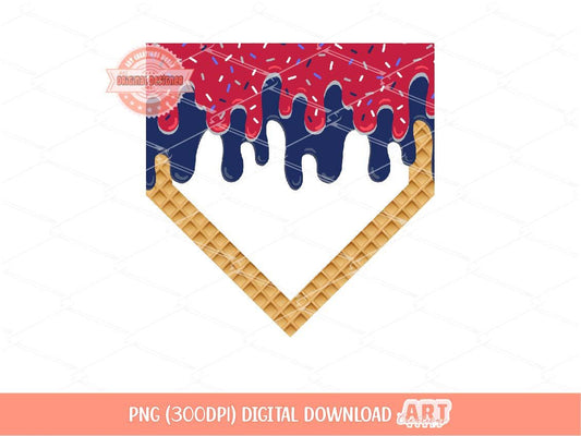 Red Navy Drip Home Plate PNG, Patriotic Baseball Ice Cream Cone Sublimation Shirt Design