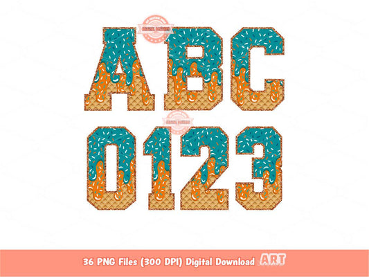 Orange Teal Drip Alphabet PNG, Drippy Ice Cream Sports Letters & Numbers Clipart