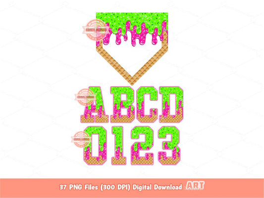 Neon Green Pink Drip Alphabet PNG Bundle, Drippy Baseball Letters Numbers Plate Sports Clipart