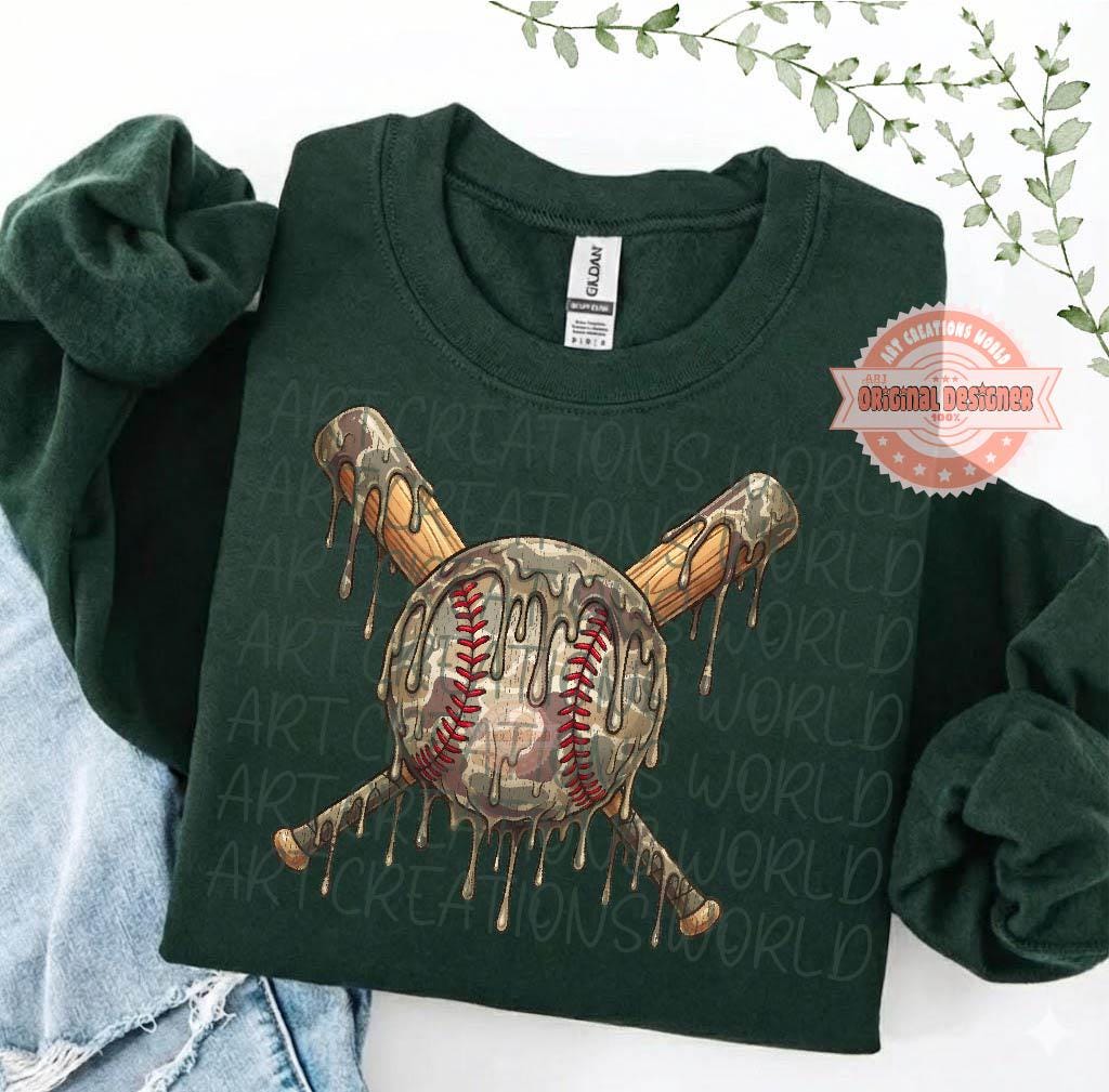 Drip Camo Baseball PNG, Trendy Dripping Crossed Bats, Grunge Sports Sublimation, Game Day Design