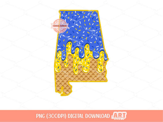 Blue Gold Drip Alabama PNG, Drippy Waffle Cone AL State Sublimation Shirt Design