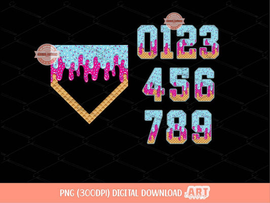 Drip Numbers & Home Plate PNG Bundle, Pink Blue Ice Cream Baseball Game Day Clipart