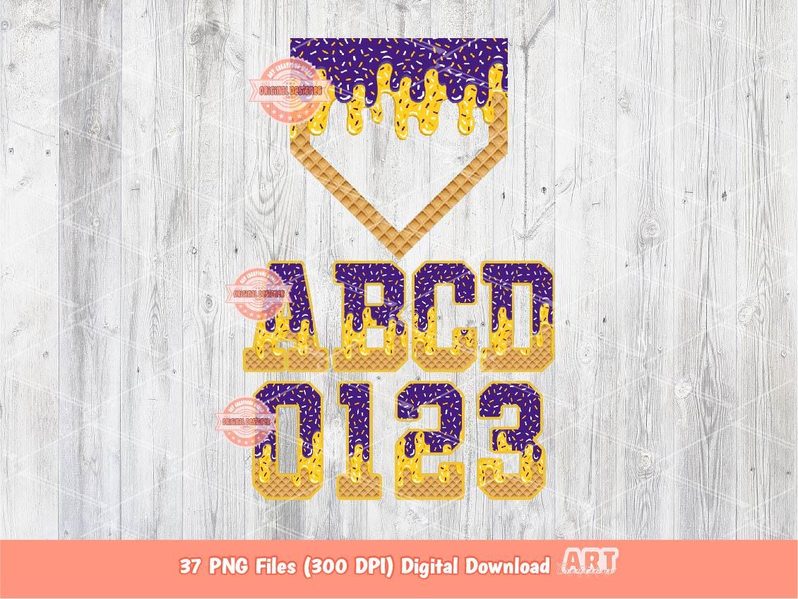 Purple Gold Drip Alpha and Plate PNG Bundle, Drippy Baseball Letters & Numbers Sports Clipart