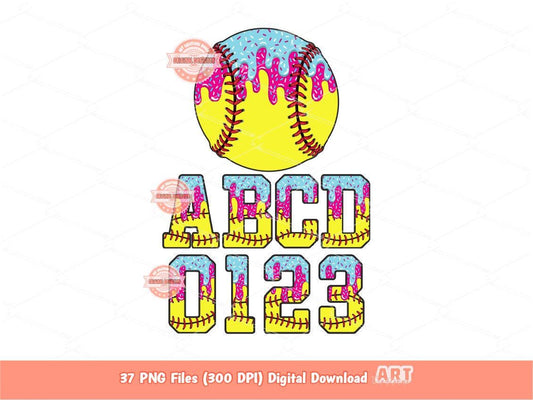 Drip Softball Alphabet PNG Bundle, Drippy Pink Blue Ice Cream Sports Letters & Numbers Clipart