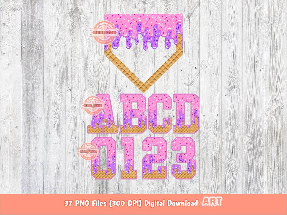 Light Pink Purple Drip Alphabet PNG Bundle, Ice Cream Sports Letters, Numbers & Plate Clipart