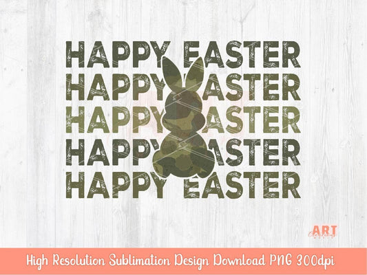 Camo Easter Bunny PNG, Happy Easter Distressed Military Sublimation Shirt Design (Digital Download)