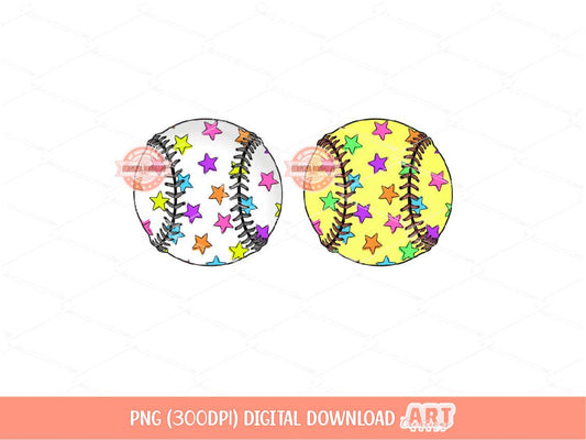 Colorful Star Baseball & Softball PNG, Retro Sports Mom Sublimation Design, Trendy Game Day Shirt