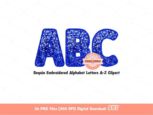 Blue Sequin Alphabet PNG, Faux Yarn Glitter Embroidery Letters Clipart