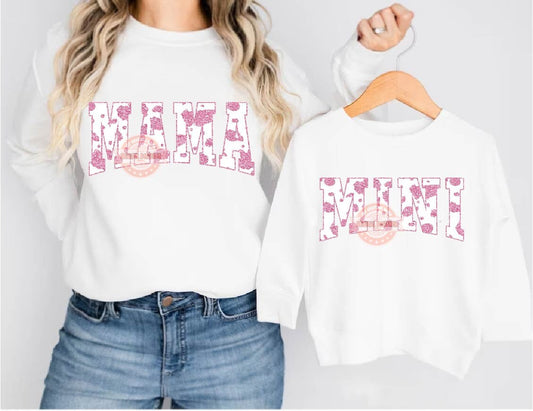 Mama Mini Cow Print PNG, Mommy & Me matching Pink Glitter sublimation shirt Design