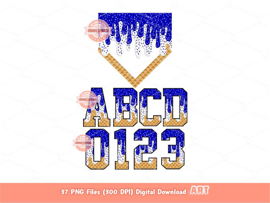 Royal Blue White Drip Alphabet PNG Bundle, Sports Letters, Numbers & Baseball Home Plate Clipart