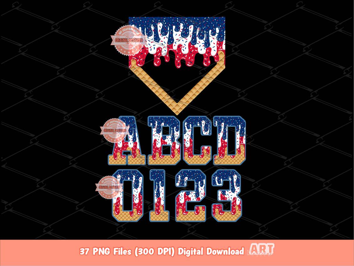 Patriotic Drip Baseball Alphabet PNG Bundle, Red White Blue 4th of July Letters, Numbers & Home Plate Clipart