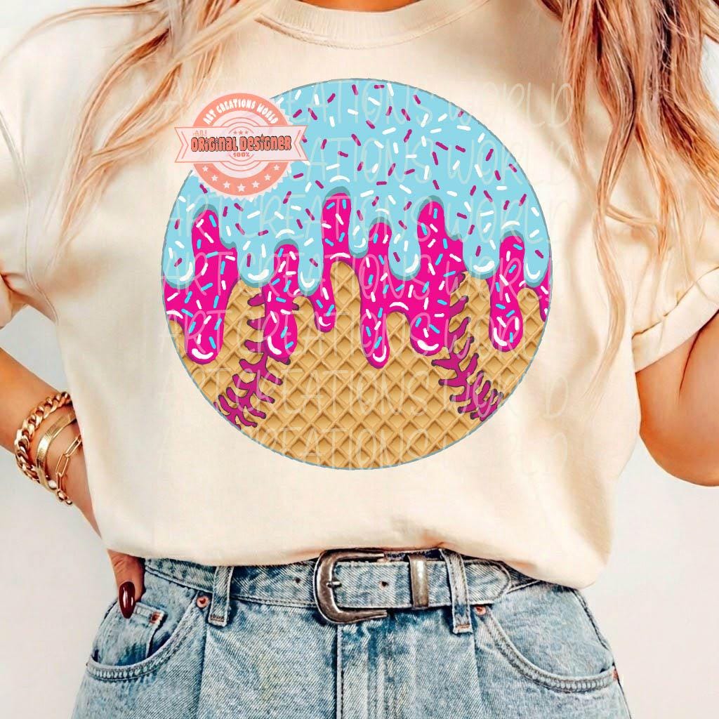 Drippy Baseball Ball PNG, Pink Blue Drip Ice Cream Baseball Clipart, Sports Cone Sublimation