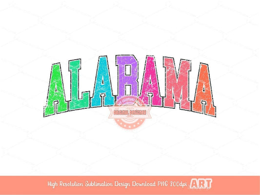 Colorful Alabama PNG, Distressed Bright Colors Alabama Grunge Varsity Sublimation Shirt Design