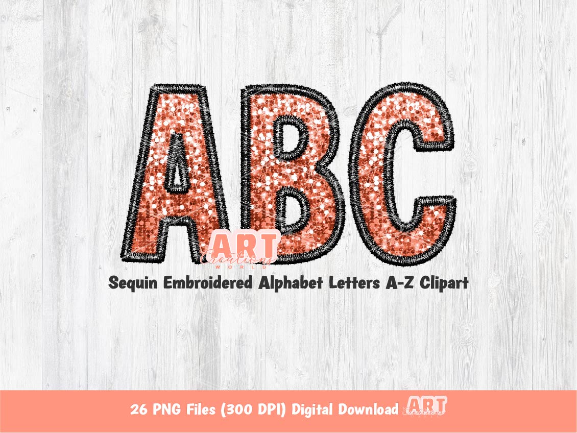 Peach Sequin Letters PNG, Light Orange with Faux Embroidered Outline Glitter Sequins PNG Alphabet Set Clipart, Custom Alpha colors Downloads
