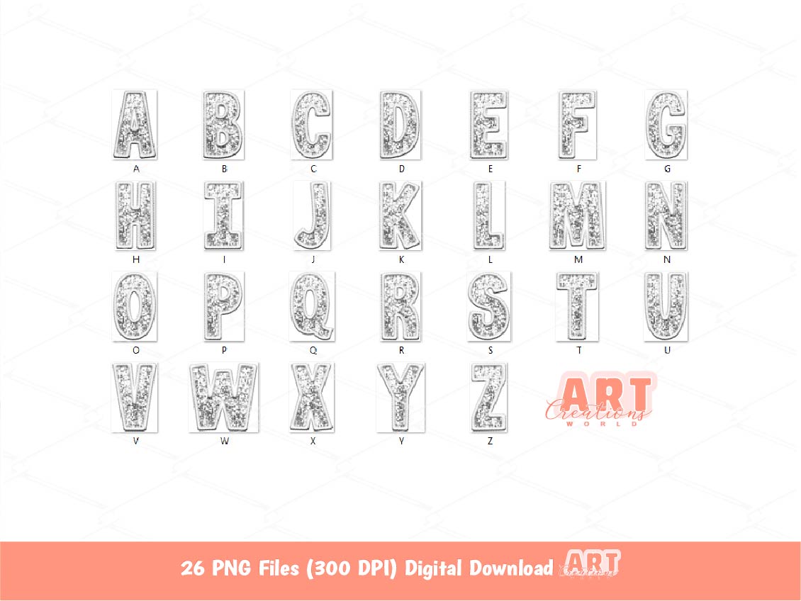 White Sequin Letters PNG, Faux Embroidered White Silver Glitter Sequins PNG Alphabet Set Clipart, Custom alpha A-Z colors Digital Download